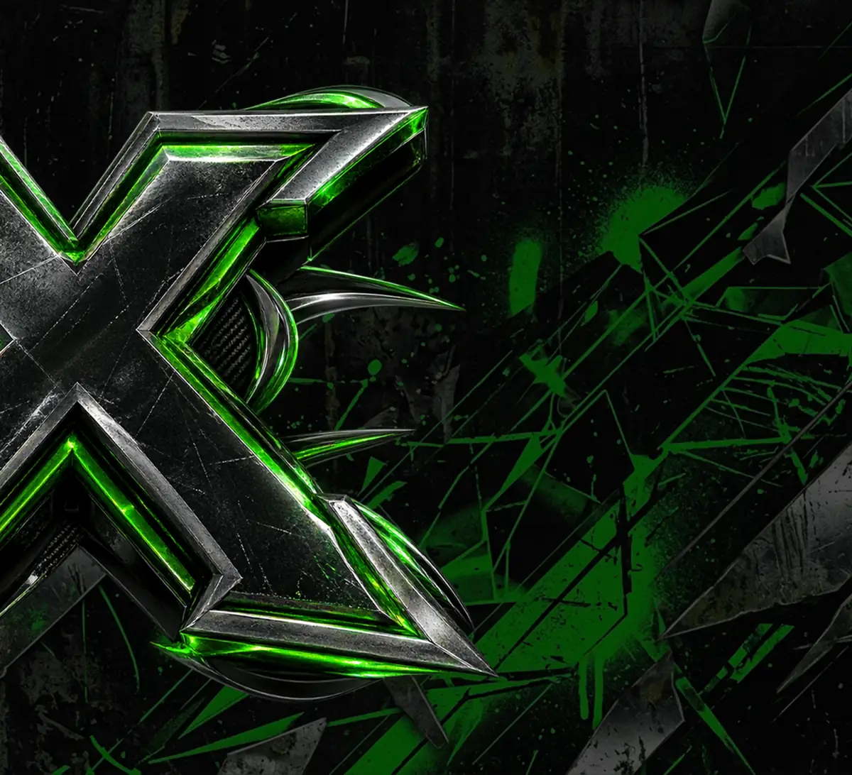 The Xelent logo, a chrome X with green light in its edges, on cracked black and green metal